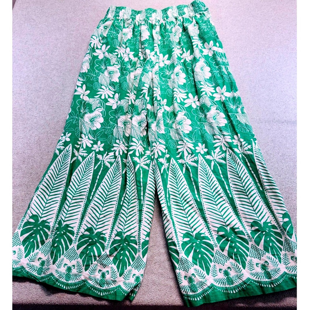 C&C California Tropical Wide Leg Pants Women L Linen Rayon Green White Boho Chic
